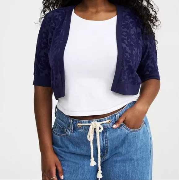 Torrid Semi Sheer Navy Blue Floral Open Front Bolero Cardigan 3x 22/24 Nwt - Picture 1 of 2